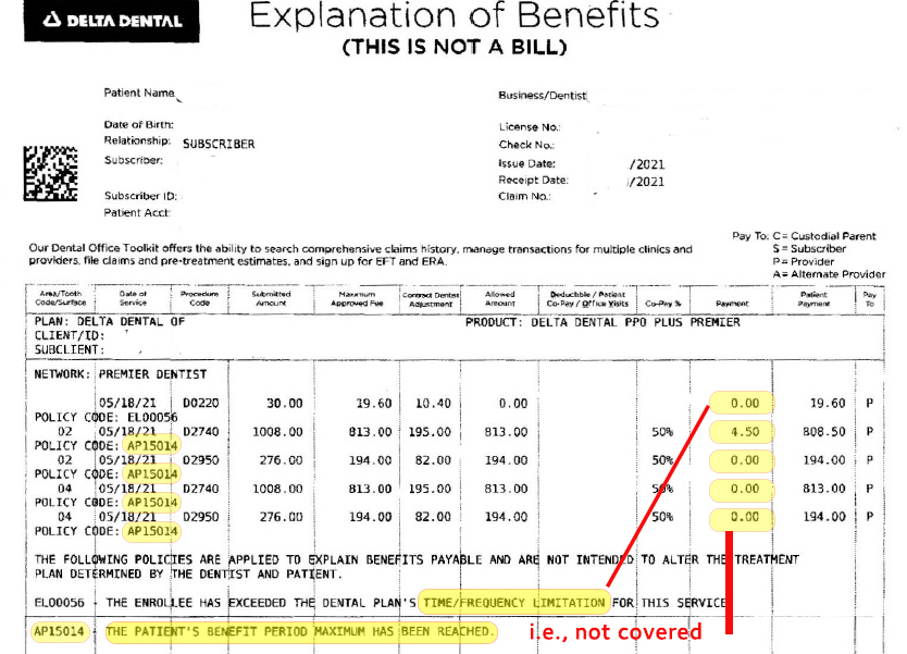 Deltal NonCovered Exceed Plan Dollar Limit Delta Dental Explaination of Benefits